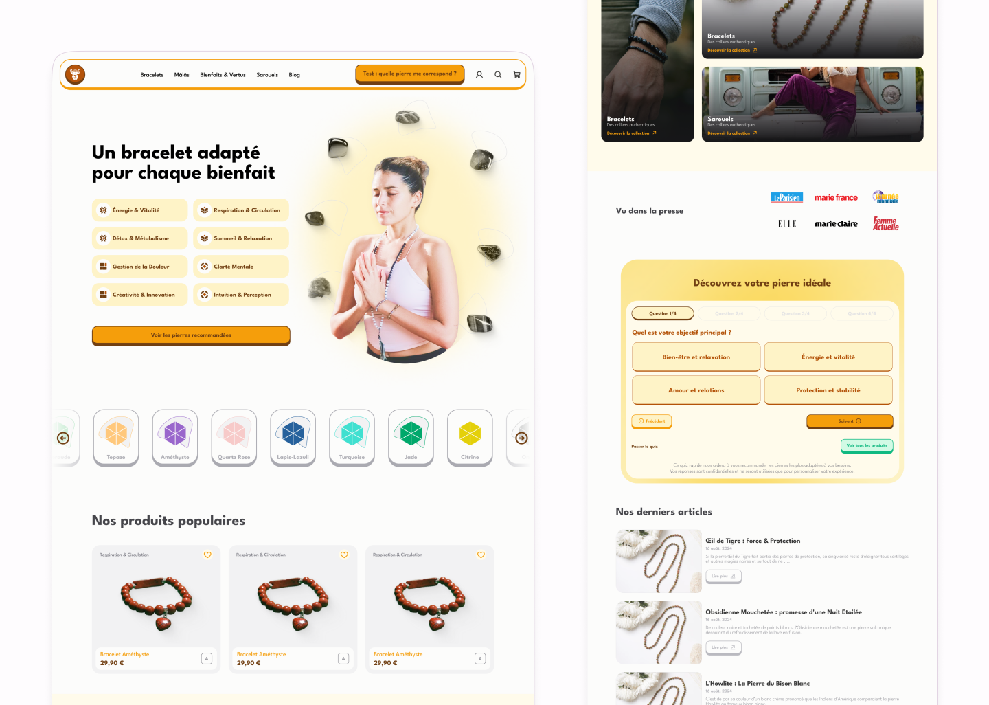 E-commerce homepage concept for wellness bracelets, helping users discover stones and bracelets based on benefits such as energy, relaxation, clarity, and creativity.