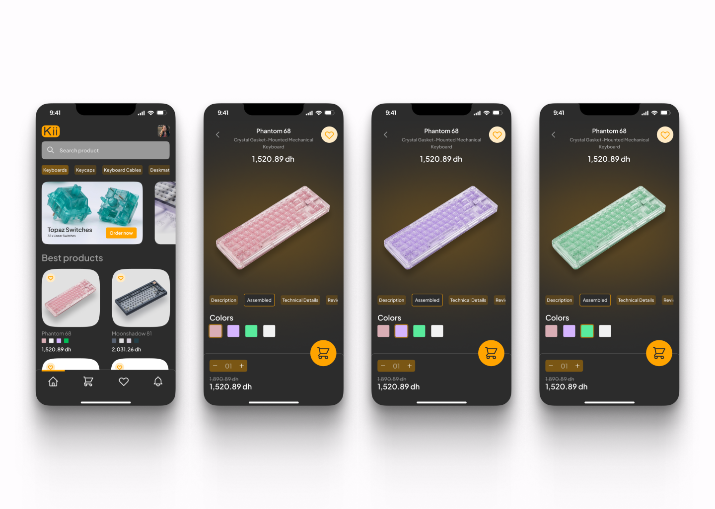 Mobile shopping app concept for mechanical keyboards and accessories, featuring product discovery, color selection, detailed product pages, and a smooth purchase flow.