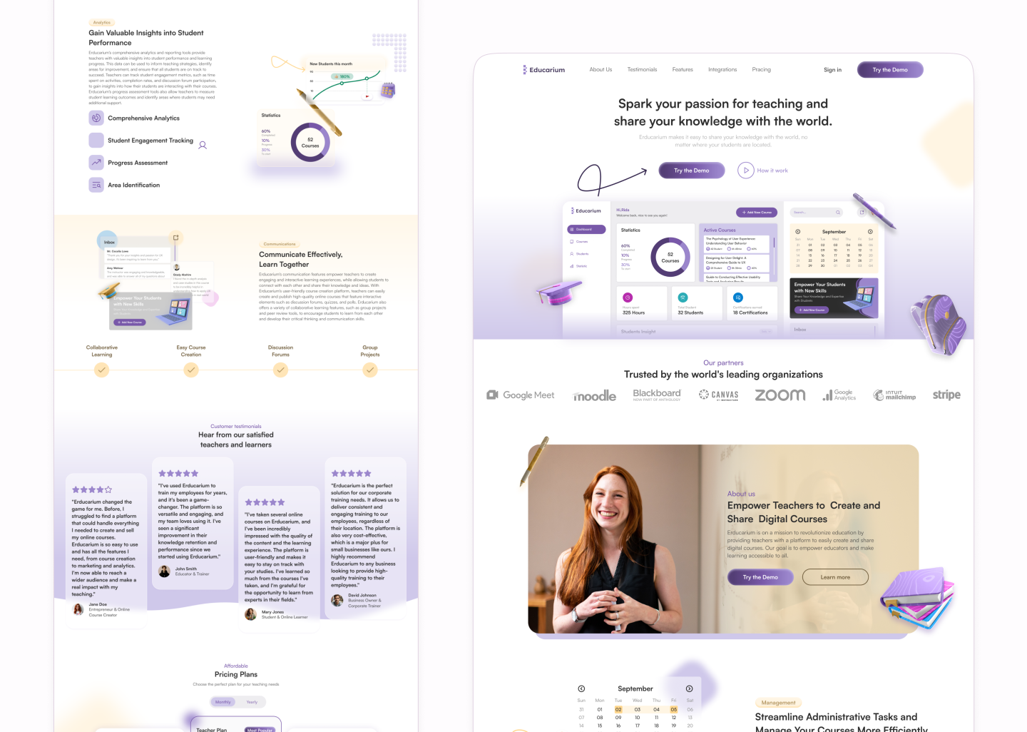 Landing page concept for an online education platform, focused on promoting course creation, integrations, partnerships, and product benefits with a clean visual style.