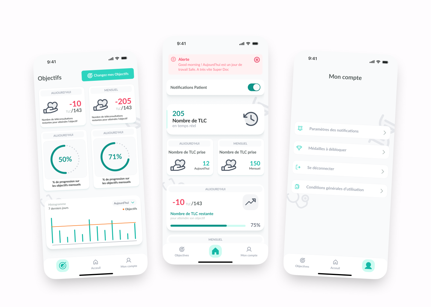 Mobile dashboard designed for healthcare professionals to track teleconsultations, daily/monthly goals, notifications, and progress in a clear and easy-to-read interface.