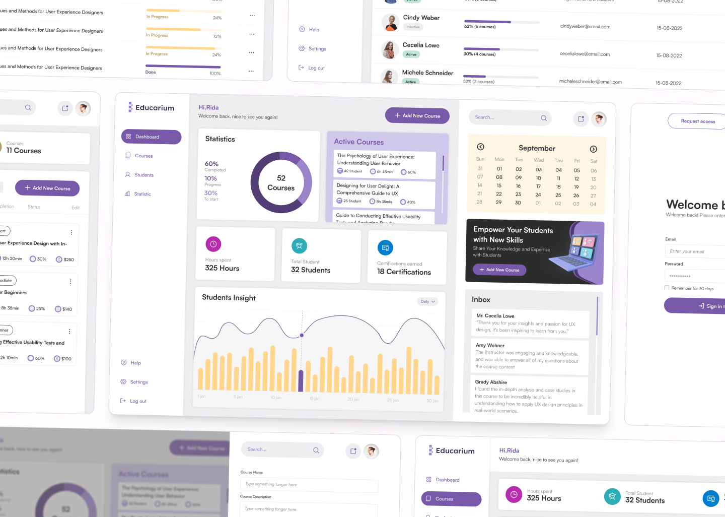 A modern SaaS dashboard for educators to manage courses, students, statistics, certifications, and daily activity from one organized workspace.